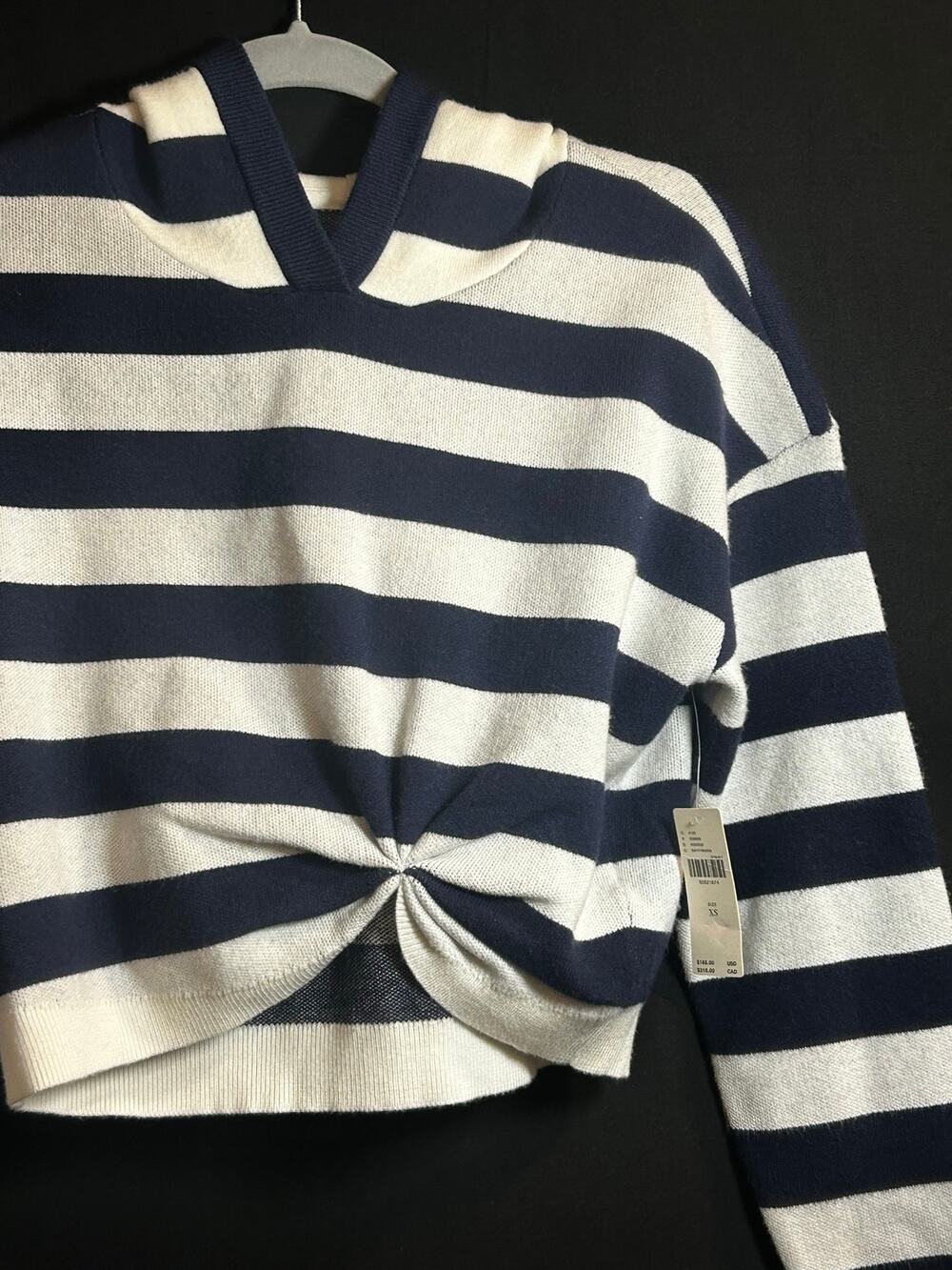 Anthropologie NWT Navy Cream Striped Twist Front Hooded Sweater XS